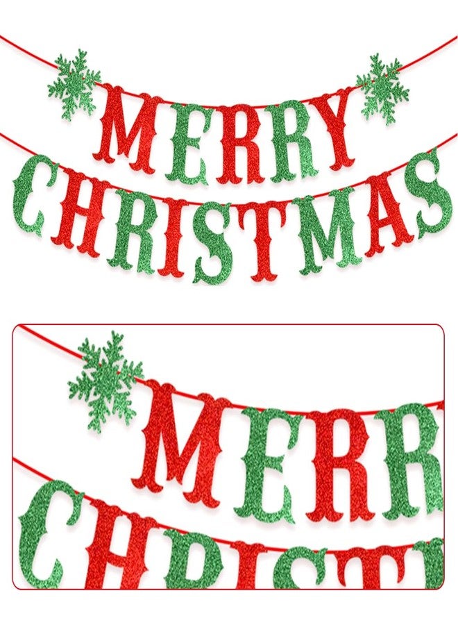 Yahpetes Merry Christmas Banner Glitter Red and Green Xmas Sign with Snowflake Decorations Bunting Garland Snowflake Party Supplies Set for for Home Fireplace Decor - Image 3